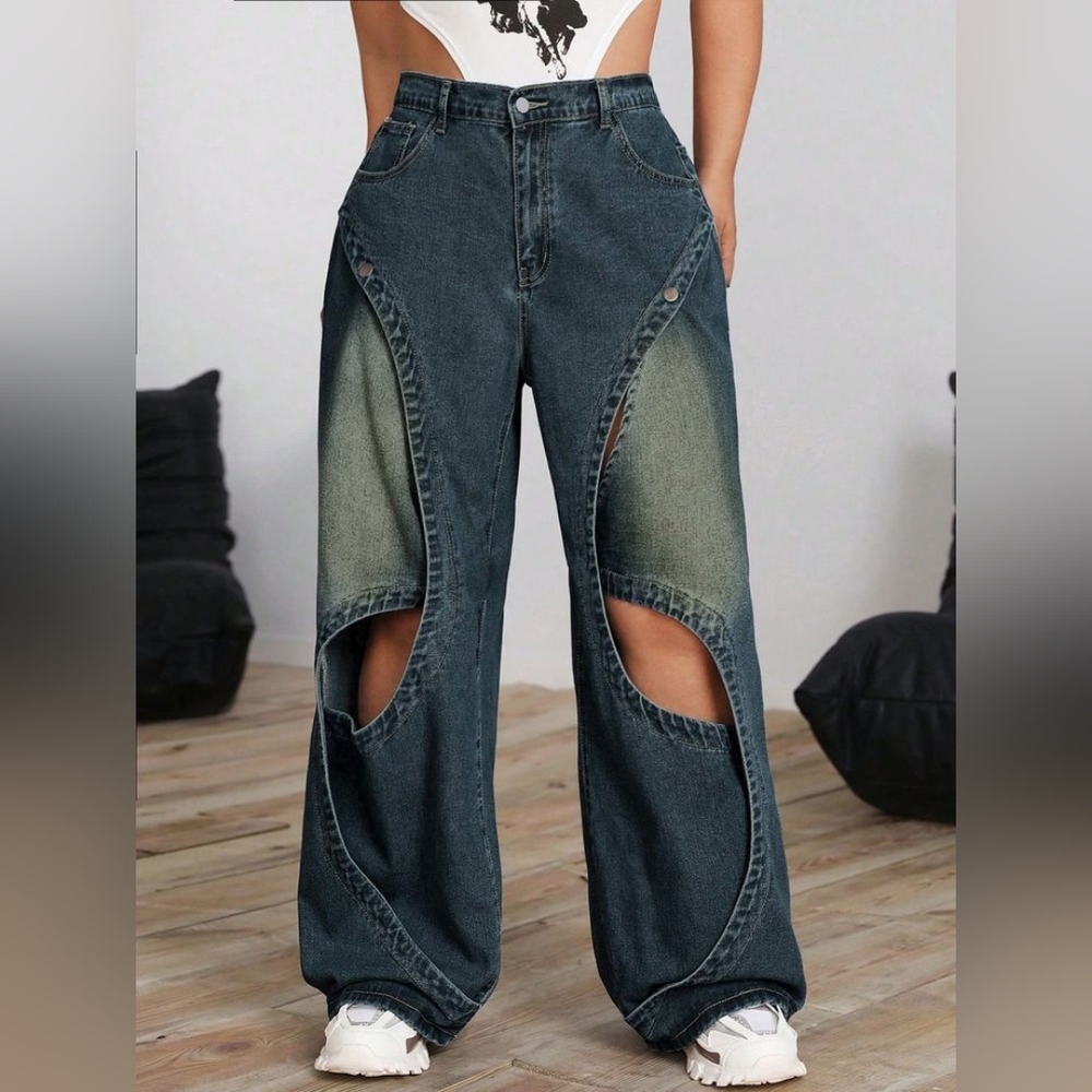 Blue Cut Out Abstract Wide Leg Denim Jeans 2X (16) NWOT - Picture 9 of 12